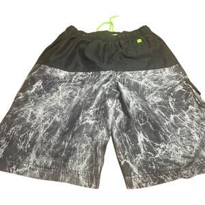 Men's Black and Gray Board Shorts with Green Accents size l